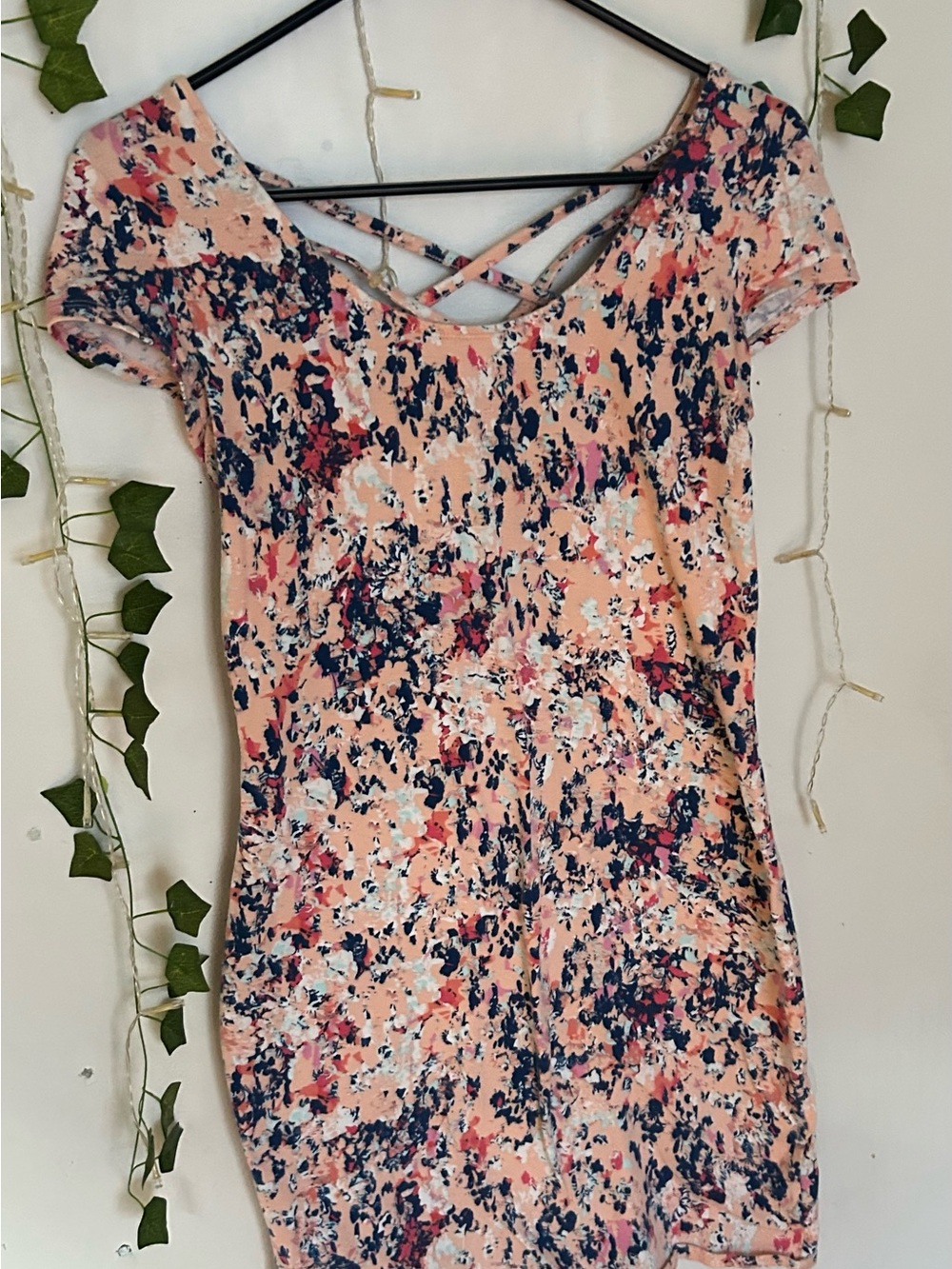 Peach Floral Crisscross Back Short Sleeve Dress